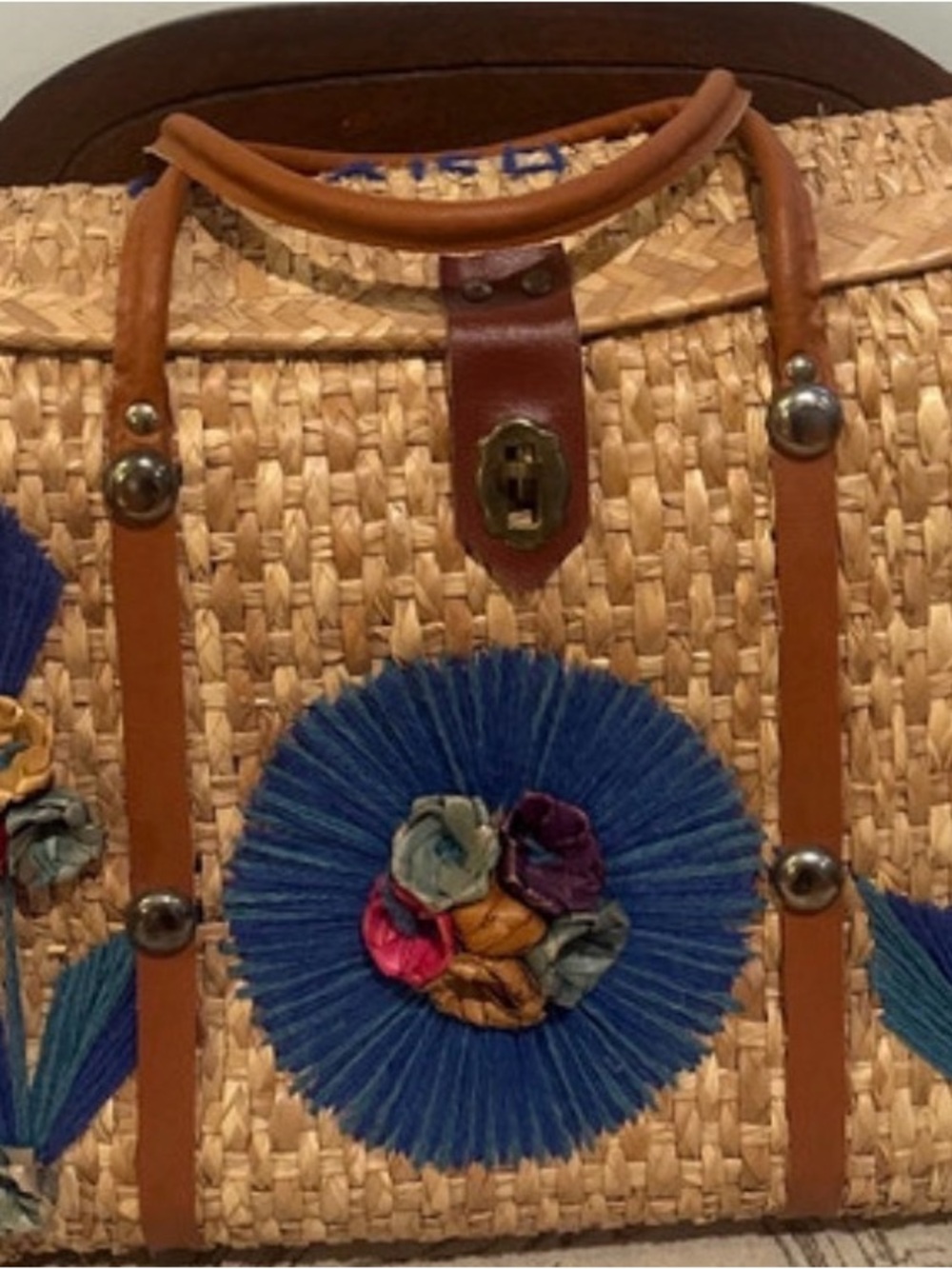 Woven Straw Tote with Mexico theme and Tan Leather Trim